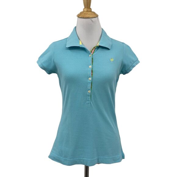 Lilly Pulitzer Shirt Womens S Small Aqua Polo Stretch Slit Hem Cap Sleeve *READ - Picture 1 of 12